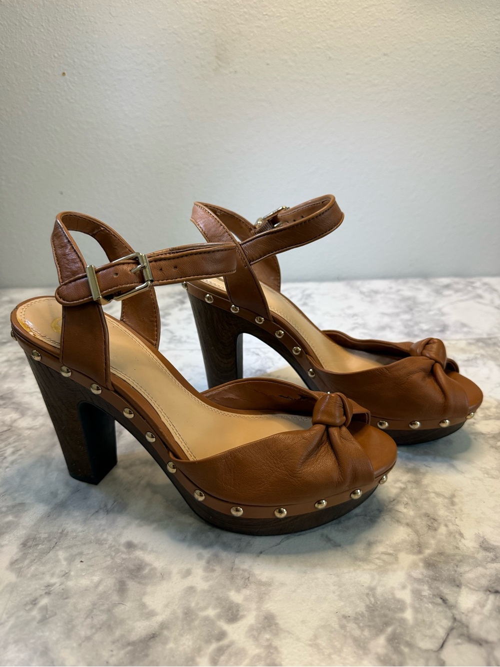 GB Open Toe Ankle Strap Brown Leather Knotted Platform Sandals - Women Sz 7 1/2